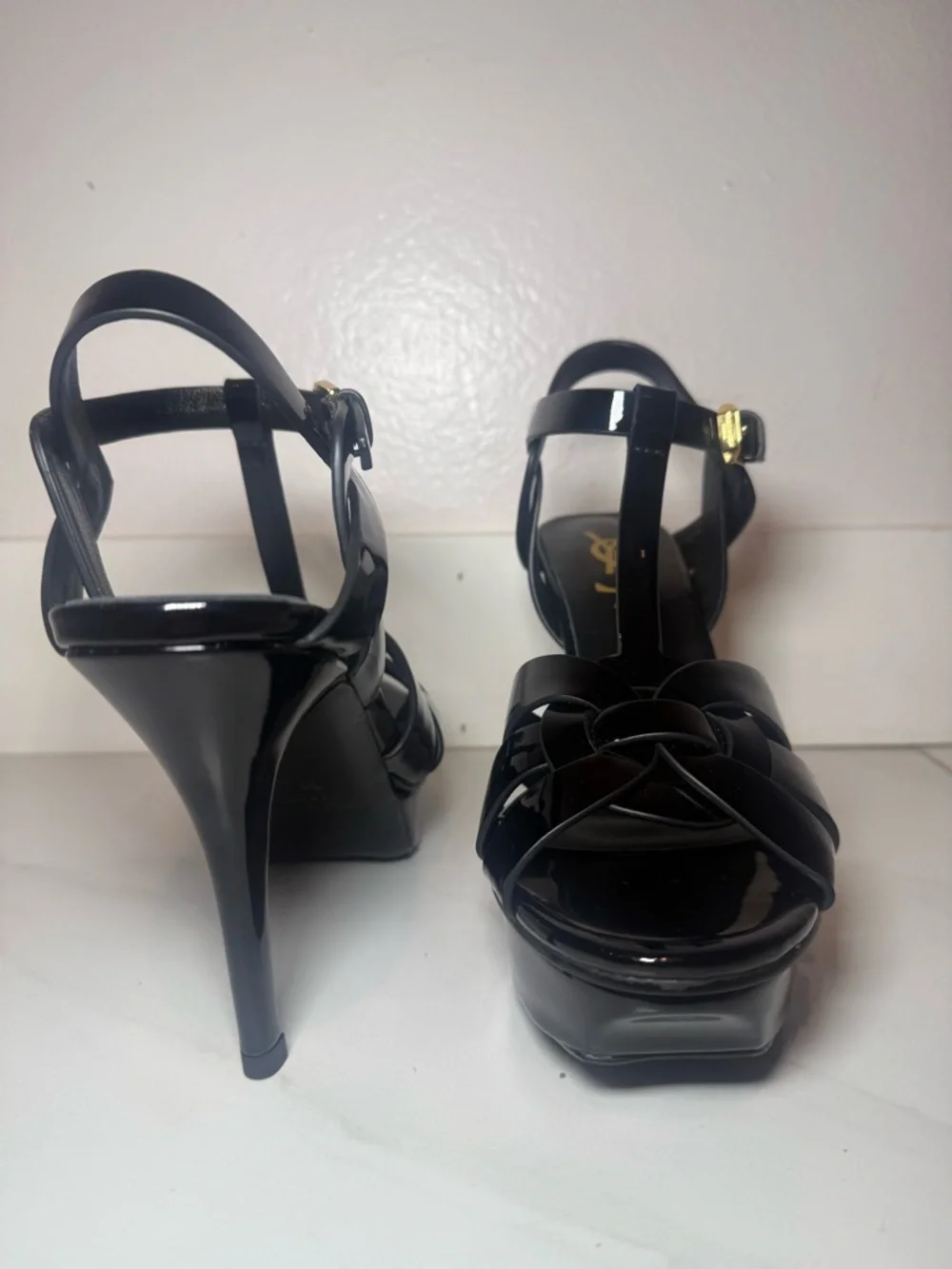 Yves Saint Laurent Black Patent Leather T-Strap Platform Heels with Gold Buckle - Picture 8 of 9